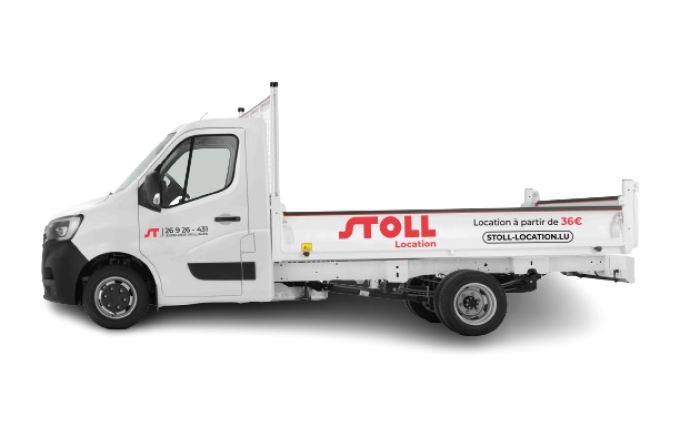 Camion benne blanc STOLL Location profil latéral