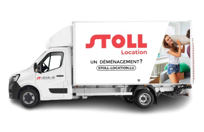 Camion de déménagement STOLL Location avec publicité