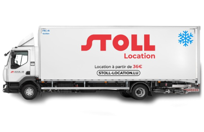 Camion blanc STOLL Location avec logo rouge